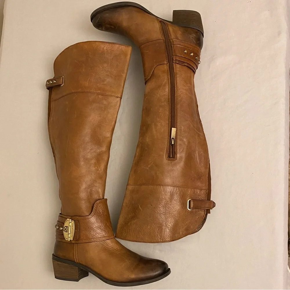 Vince Camuto 6.5 Leather Knee Boots Brown Harness Women’s Zippers Logo